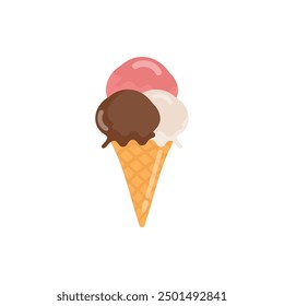 Ice cream cone with three scoop chocolate vanilla and strawberry flat icon for apps and web