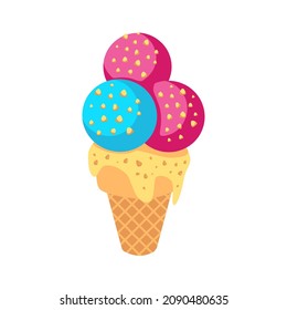 Helado. Cono de helado con tres cucharas de helado de fruta con parcela y cubierta. Un símbolo de verano. Icono para sitio web, aplicación sobre artículos para niños, vacaciones, entrega de comida. Caricatura plana vectorial