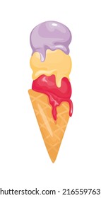 Ice cream cone with three scoops of different flavor