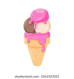 Ice cream cone with three scoops and pink dripping glaze topped with heart shaped sprinkles in cartoon style. Sweet and colorful treat for celebration, summer theme and romantic holiday.