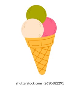 Ice cream cone with three scoops in different colors and flavors on white background, perfect for dessert and summer-themed designs