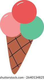An ice cream cone with three scoops in a flat style. The cone has a grid pattern and rounded scoops on top. Cartoon vector illustration.