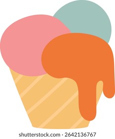 Ice cream cone with three scoops in a flat style. Dessert treat with dripping scoop on a waffle cone. Cartoon vector illustration.