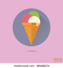 Ice cream cone with three scoops flat design vector icon