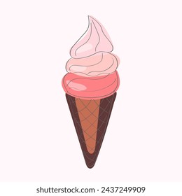 An ice cream cone topped with pink icing, creates a sweet and colorful treat. The cone is held upright, showcasing the creamy texture of the dessert