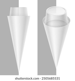 Ice cream cone with transparent frustum shaped cover. Blank vector realistic packaging template illustration.