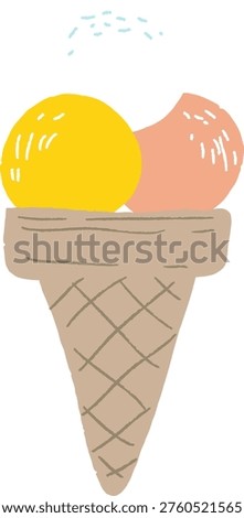 Ice cream cone with two rounded scoops in waffle cone, hand drawn with rough texture lines. Symbol of summer treat, sweetness, indulgence, dessert craving, and joy. Cartoon vector illustration.