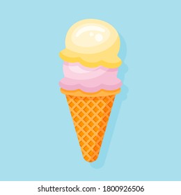 Ice cream cone with two scoops isolated on blue background. Flat style vector illustration.