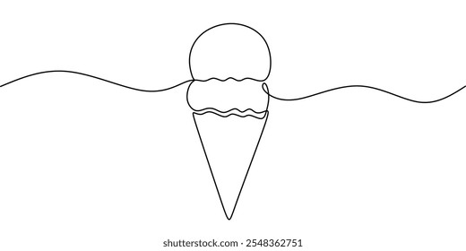 Cono de helado con dos cucharadas en línea continua de dibujo, que representa un dulce, indulgente.