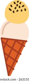 An ice cream cone with two scoops and sprinkles in a flat style. A cone holds two scoops topped with chocolate bits. Cartoon vector illustration.