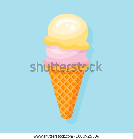 Ice cream cone with two scoops isolated on blue background. Flat style vector illustration.