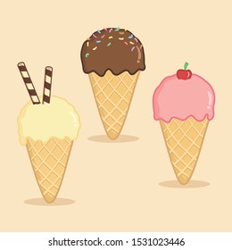 Ice Cream Cone Vanilla Chocolate Strawberry Vector Illustration Cartoon Set