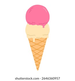 Ice cream cone. Vanilla and strawberry. Flat vector isolated illustration