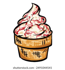 Ice cream cone vanilla sundae strawberry food illustration isolated on square white background. Flat cartoon art styled drawing.