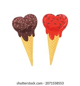 Ice Cream Cone Vector Clip Art Set Isolated On White. Valentines Day Sweets Illustration Collection. Sweet Treats Graphic Elements For Romantic Design