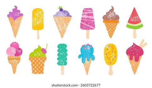 Ice cream cone vector. Crayon icon set with sundae, popsicle, chocolate, waffle, stick. Cartoon summer, cute watercolor scoop. Soft sweet pop. Chalk ice cream illustration. Shop design kid sticker set