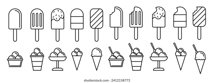 conjunto de iconos vectores de cono de helado. símbolo del vaso de cuchara de cuchara de helado. colección de crema de helados blandos