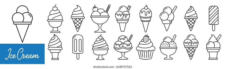 ice cream cone vector icon set. icecream scoop cup symbol. vanilla tasty soft ice cream sign collection Editable stroke