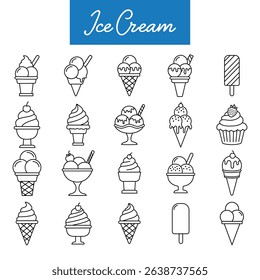 ice cream cone vector icon set. icecream scoop cup symbol. vanilla tasty soft ice cream sign collection Editable stroke
