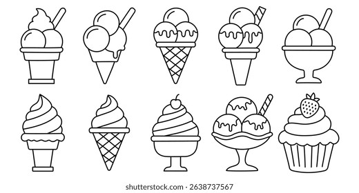 ice cream cone vector icon set. icecream scoop cup symbol. vanilla tasty soft ice cream sign collection Editable stroke
