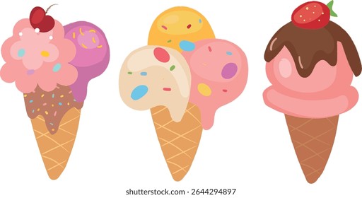 Ice Cream Cone vector icon set isolated on white backgound.