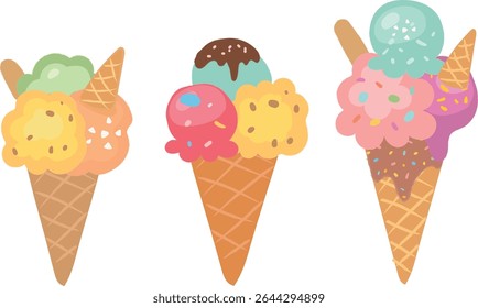 Ice Cream Cone vector icon set isolated on white backgound.