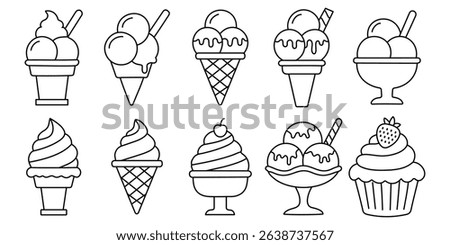 ice cream cone vector icon set. icecream scoop cup symbol. vanilla tasty soft ice cream sign collection Editable stroke