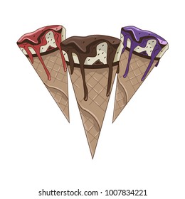 Ice Cream Cone Vector Illustration Isolated With Sauce Strawberry, Chocolate, and Blueberry