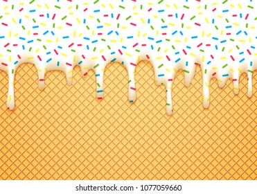 Ice Cream Cone Vector Illustration with Dripping White Glaze and Wafer Texture. Abstract Food Background. Sweet Seamless Pattern.
