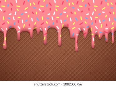 Ice Cream Cone Vector Illustration with Dripping Pink Glaze and Chocolate Wafer Texture. Abstract Food Background. Sweet Seamless Pattern.