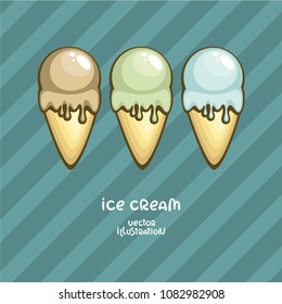 Ice cream cone vector illustration. Gelato with different flavors.Tasty summer dessert.