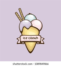 Ice cream cone. Vector illustration in lilac color . Tasty summer dessert. Fruit gelato.