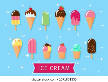Ice cream cone vector illustration set. Vanilla, chocolate, fruit ice cream and blue background. Ice cream sweet dessert.