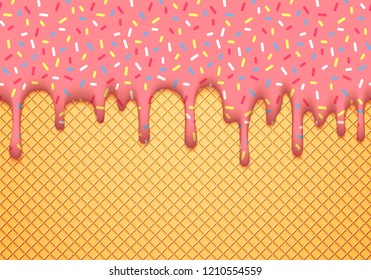 Ice Cream Cone Vector Illustration with Dripping Pink Glaze and Wafer Texture. Abstract Food Background Design. Sweet Seamless Pattern.