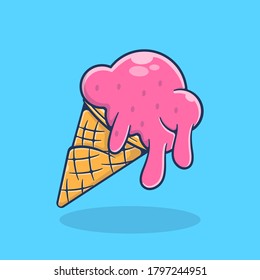 Ice Cream Cone Vector Illustration. Melted Ice Cream. Flat Cartoon Style Suitable for Sticker, Wallpaper, Icon, etc.