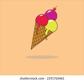 ice cream cone vector illustration - pink - purple - yellow ice cream - cone ice cream vector 