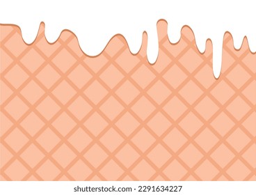 Ice Cream Cone Vector Illustration with Dripping White Glaze and Wafer Texture. Abstract Food Background. Sweet Pattern.