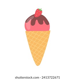 Ice cream cone vector illustration isolated on white background. Hand drawn ice cream clip art with chocolate and strawberry.