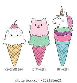 
Ice cream cone vector illustration. Artwork features colorful ice cream cone characters with cute faces on a white background. Apparel graphic artwork. Hand drawn illustration.
