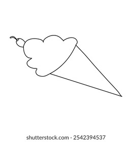  Ice cream cone vector illustration line art. Ice cream in a waffle cone in one line. Dessert ice cream symbol for menu and business card design in simple linear style. Vector minimalistic graphics