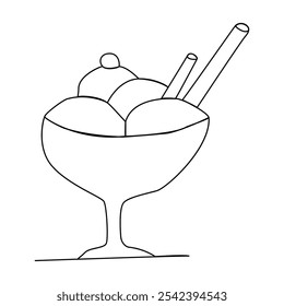  Arte de la línea de Ilustración vectorial del cono del helado. Helado en un cono del waffle en una línea. Símbolo de helado de postre para menú y diseño de tarjeta de visita en estilo lineal simple. Gráficos minimalistas Vectores