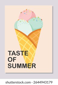 Ice Cream Cone Vector Illustration, Taste of Summer.