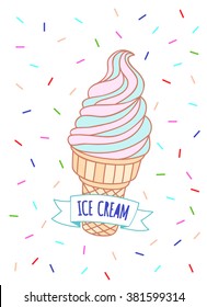 Ice Cream cone vector illustration. Ice Cream with topping emblem