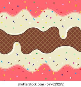 Ice Cream Cone Vector Illustration with pink Dripping White Glaze and Wafer Texture. Abstract Food Background.