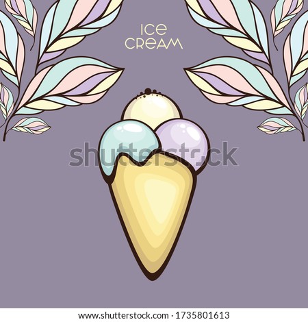 Ice cream cone vector illustration. Traditional Tasty summer dessert with beautiful leaves vignette.