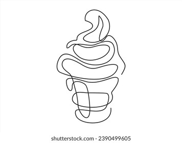 ice cream cone vector one line continuous drawing illustration. Hand drawn linear silhouette icon. Minimal outline design element for print, banner, card, wall art poster, brochure.