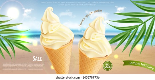 Ice cream cone Vector realistic. Vanilla flavor. Swirled smooth creamy topping