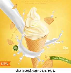 Ice cream cone Vector realistic. Vanilla flavor. Swirled smooth creamy topping