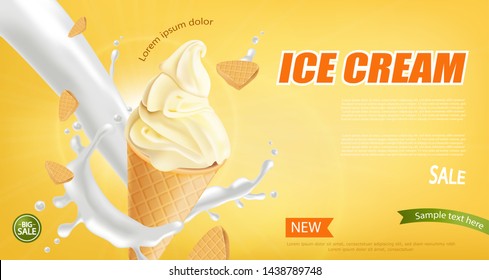 Ice cream cone Vector realistic. Vanilla flavor. Swirled smooth creamy topping