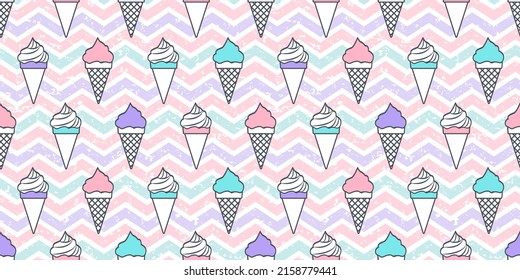 Ice cream cone vector seamless pattern, cute summer background, cartoon food print, funny sweet wallpaper. Pastel grunge wawe texture. Vintage illustration
